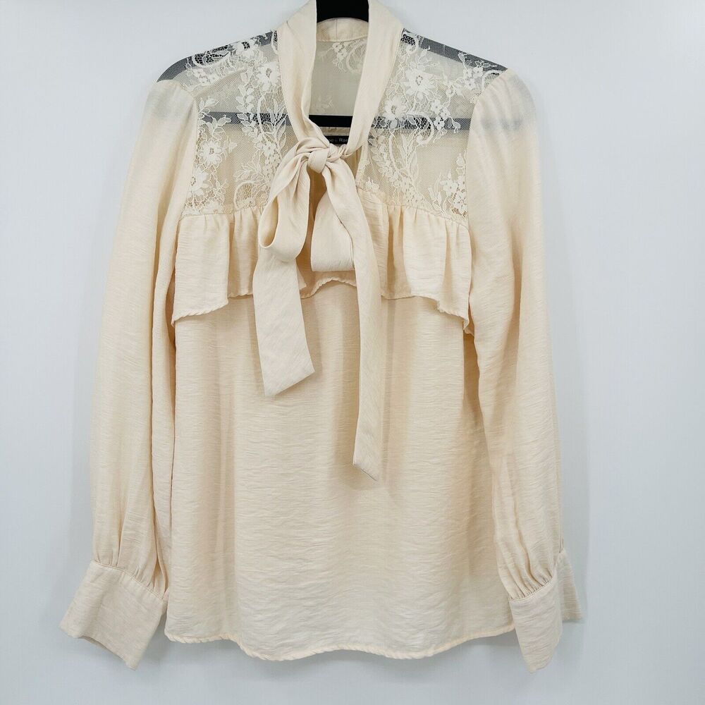 Doe Rae Womens Top Size Large Ivory Long Sleeve Front Tie Lace Blouse